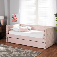 Baxton Studio CF9227-Pink Velvet Velvet-Daybed-TT Baxton Studio Larkin Modern and Contemporary Pink Velvet Fabric Upholstered Twin Size Daybed with Trundle